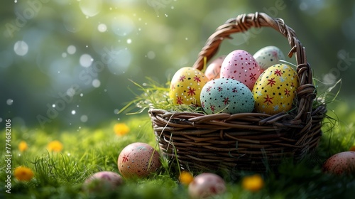   A basket brimming with multicolored Easter eggs atop a verdant grassy expanse, speckled with yellow and red