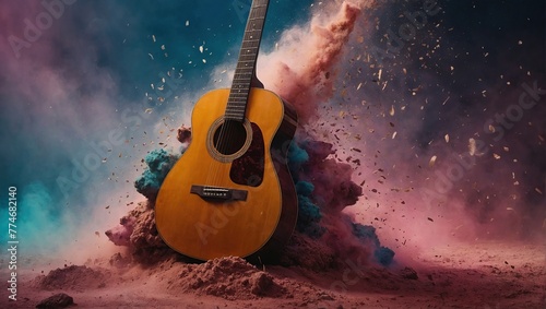 Guitar in cloud colorful dust, World music day banner with musician and musical instrument on abstract colorful dust background photo