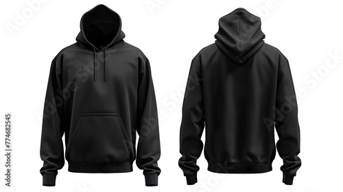 Set of Black front and back view tee hoodie hoody sweatshirt on white and transparent background cutout, PNG file. Mockup template for artwork graphic design