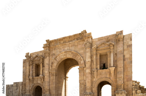 Roman ruins (carved on white background) in the Jordanian city of Jerash (Gerasa of Antiquity), capital and largest city of Jerash Governorate, Jordan #774682702