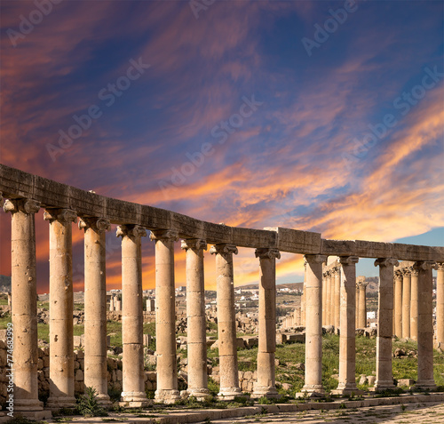 Forum (Oval Plaza) in Gerasa (Jerash), Jordan. Was built in the first century AD. Against the background of a beautiful sky with clouds. #774682999