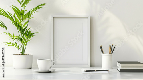  Modern workspace with mock up white frame, stationery, coffee cup and houseplant on well arranged desk. © sumaira