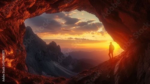 Silhouette of a mountain climber in front of a cave entrance in the mountains at sunset