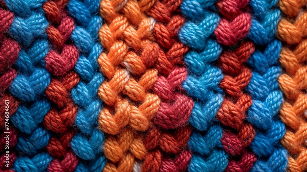 A detailed close-up image of the buckle texture and color solutions of the complex knitted pattern on the sweater, showing saturated colors such as red, orange, blue