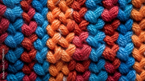 A detailed close-up image of the buckle texture and color solutions of the complex knitted pattern on the sweater  showing saturated colors such as red  orange  blue