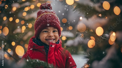 A happily smiling boy in a red jacket and a hat with a scarf, laughing, looking at the falling snowflakes on a Christmas winter day, against the background of a beautiful forest photo