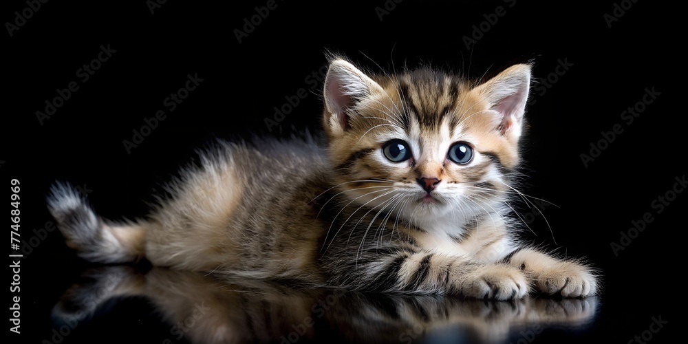 striped kitten on a black background