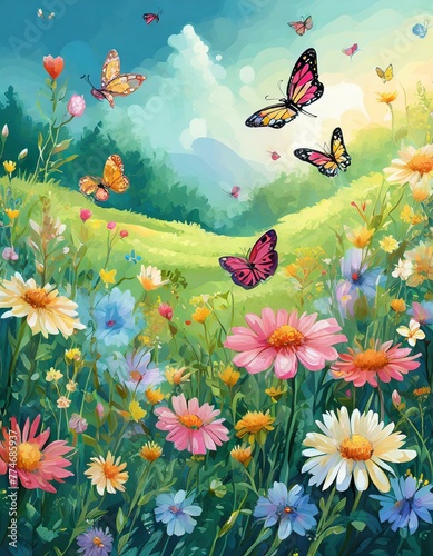 Blume bl  hen auf Wiese mit viele Schmetterlingen im Fr  hling - alles gr  n und saftig - Sonnig mit ein paar Wolken 