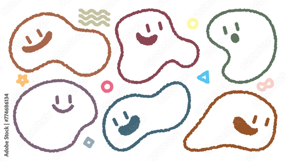 Set of abstract shape character with facial emotion. Cartoon style colorful slime organic shapes smiling and happy. Cute hand draw with crayon abstract trendy color doodle face. Expression and feeling