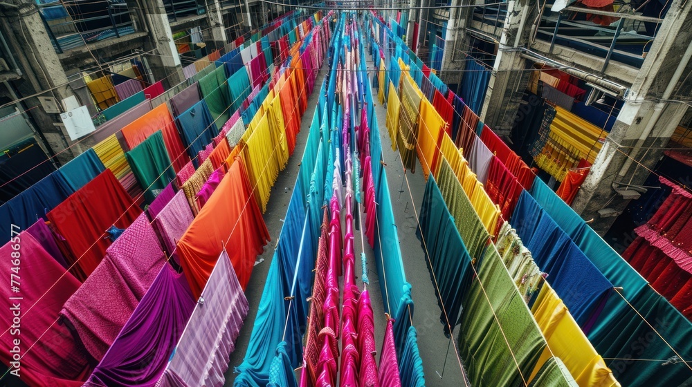 Colorful cloth hanging to dry on a clothesline in a textile factory. Bangladesh