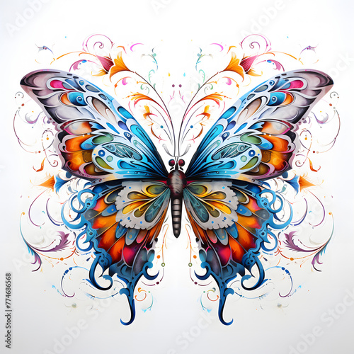 The butterfly   s wings are a symphony of colors  butterfly is embellished with swirls  floral motifs