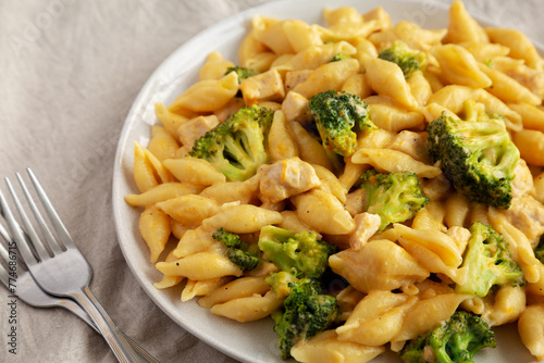 Homemade Cheesy Chicken And Broccoli Pasta on a Plate, side view.