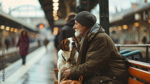 A senior and their dog at a train station, bags packed, ready for the next journey together photo