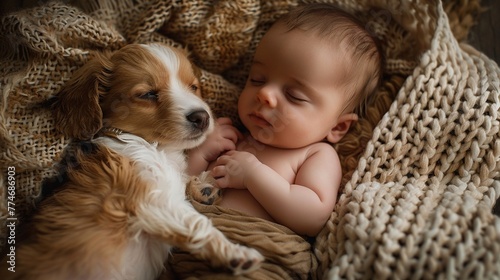 Asleep in a cozy corner, a baby and a puppy cuddle, innocence and friendship entwined