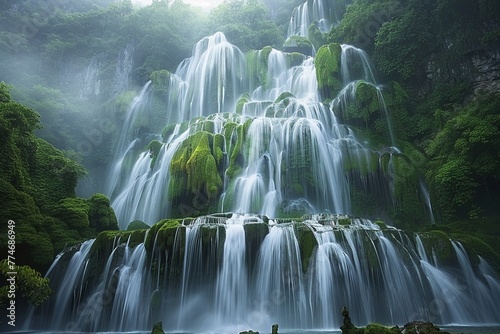 Beautiful waterfalls in spring, their vertical descent a captivating wallpaper of natures design