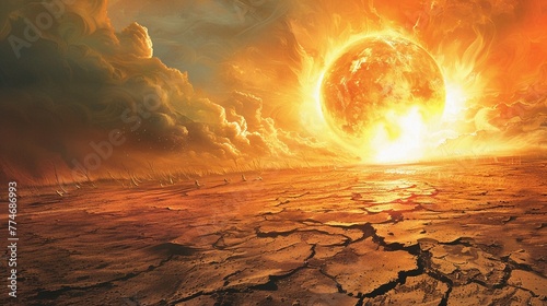Heat waves ripple over a parched Earth, the sun looms large, painting skies in fiery hues photo