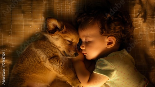 In the glow of a night light, a baby and a puppy sleep side by side, best friends from the start