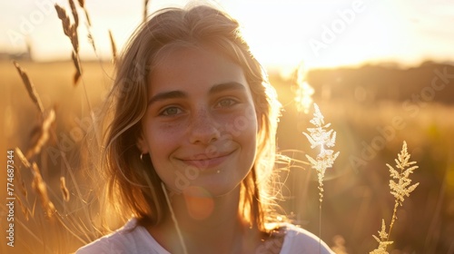 Profile photo of pretty cute young woman smiling have long curly brunette hair walking around wear white top outdoors. Beautiful simple AI generated image in 4K, unique.