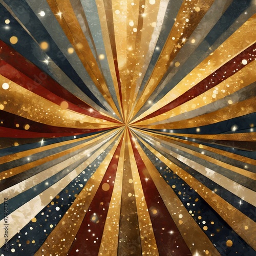 grunge sunburst background.An abstract digital illustration featuring a background with bold stripes in patriotic brown, yellow, and golden hues, accented with glittering sparkles. The dynamic composi