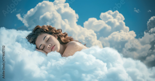 A woman is sleeping in a cloud. The clouds are fluffy and white, and the sky is blue. the clouds seem to be her bed. a young woman sleeping on a cloud with blue sky in the background