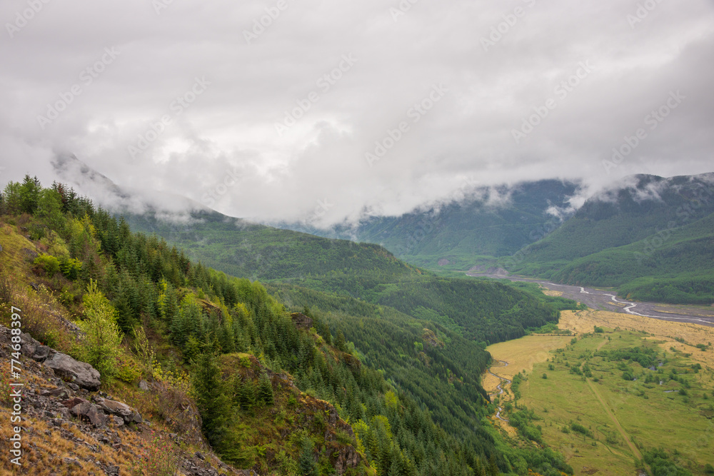 View into the Valley at Mount St. Helens, Stratovolcano in Skamania County, Washington State