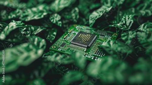 Microprocessor amid green leaves symbolizing eco-friendly technology and sustainable innovation