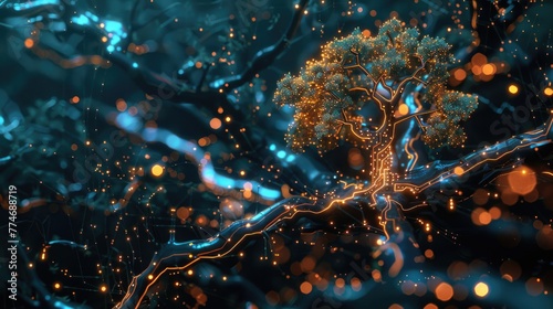 Futuristic visualization of a tree branching from a CPU, an allegory for tech and nature synergy © Nakarin