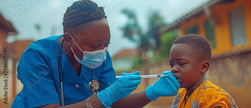 A young child being injected outside by a black nurse wearing a facemask as an African man gets medical care at home photo