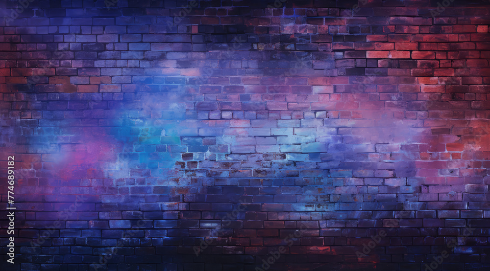 Red, purple and blue neon brick wall background design mockup with lighting effect. For square frame border, billboard, menu, text signs, template and layout on the wall background.