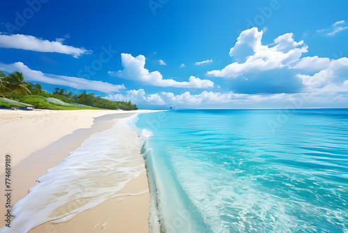 beautiful beach with white sand turquoise ocean and blue sky with clouds in sunny day