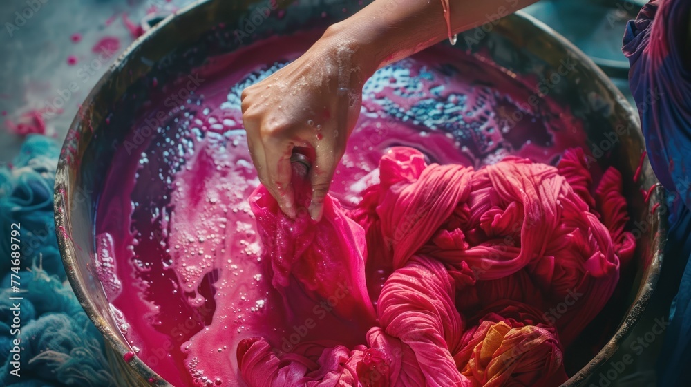 A woman dyes a pot of cloth with bright natural dyes, ingredients and pink cloth.