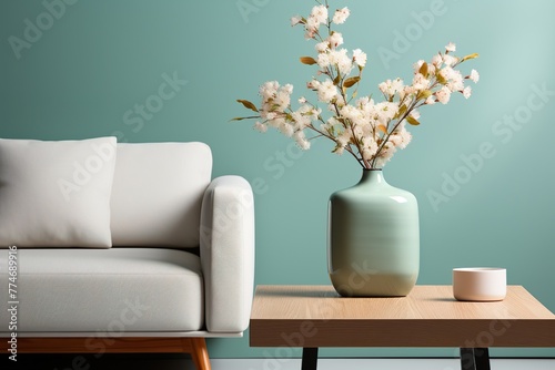 stylist and royal A vase with flowers is placed on a wooden cube in a stylish and trendy composition of design