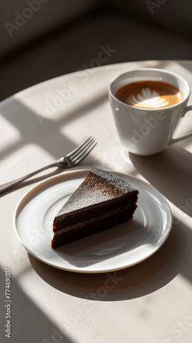 Close-up of a chocolate cake served on a white plate with a dessert fork and a cup of coffee on a plain background. Contrasting shadows. Frontal view. Minimalism