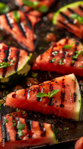 Fresh watermelon cut into triangles with grill marks. Summer appetizer grilled watermelon close-up