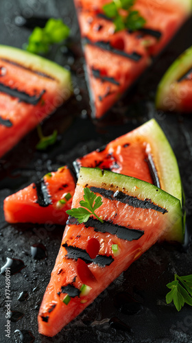 Fresh watermelon cut into triangles with grill marks. Summer appetizer grilled watermelon close-up