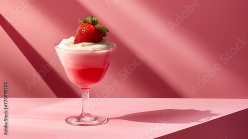 Strawberry and cream cocktail. Strawberry smoothie with cream in a glass on a pink plain background with contrasting geometric shadows. Minimalism style 