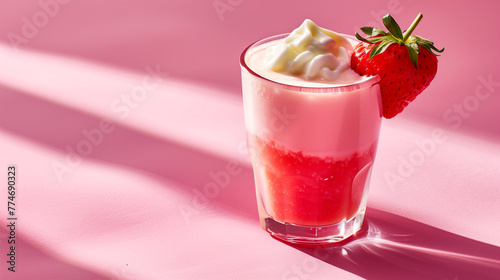 Strawberry and cream cocktail. Strawberry smoothie with cream in a glass on a pink plain background with contrasting geometric shadows. Minimalism style 
