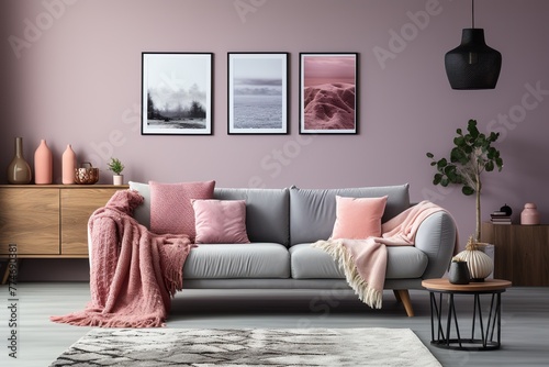 stylist and royal Blankets in pink and grey, a carpet, and posters decorate a modest bedroom photo