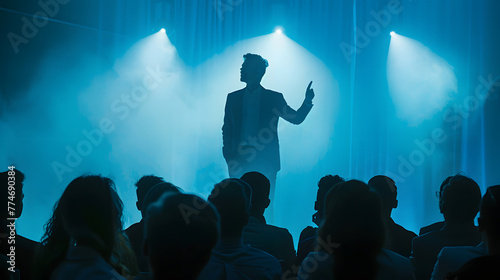 A man in a suit stands on stage and gives a lecture to the audience