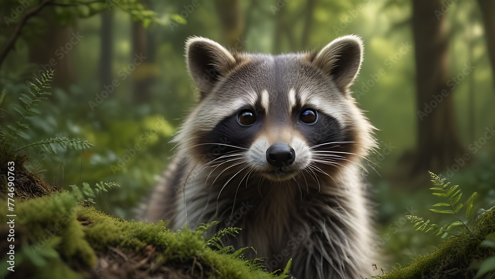 Curious Raccoon Peering from Lush Forest