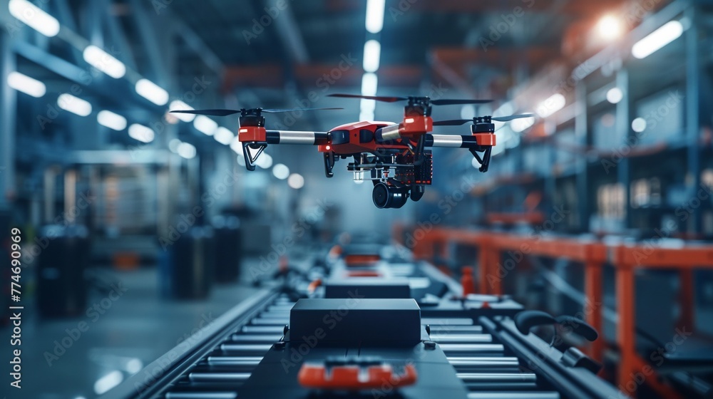 An advanced manufacturing facility with 3D printing drones, automated assembly lines, and realtime data analytics interfaces , sci-fi tone, technology