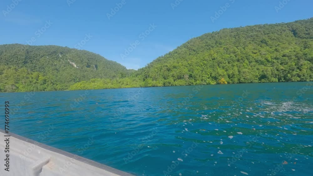 POV From Boat Cruising On River Kali Biru In Raja Ampat, West Papua, Indonesia. pan left shot POV From Boat Cruising On River Kali Biru In Raja Ampat, West Papua, Indonesia. pan left shot