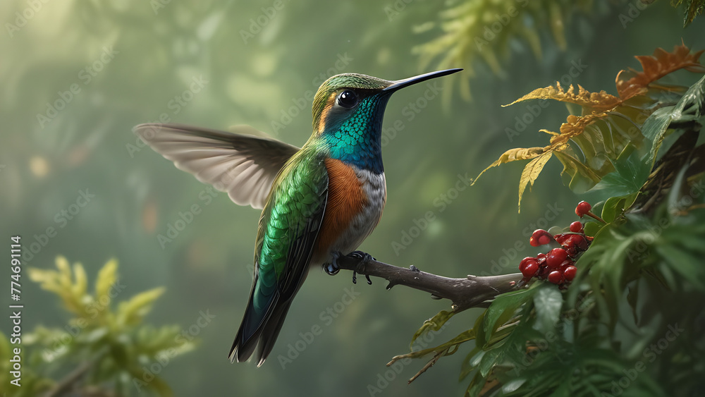 Fototapeta premium Vibrant Hummingbird Perched on a Branch in Lush Greenery