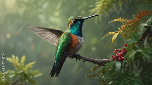 Vibrant Hummingbird Perched on a Branch in Lush Greenery © CreativeCanvas