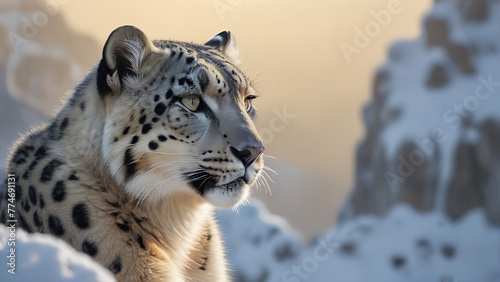 Snow Leopard in Golden Light with Snowy Background © CreativeCanvas
