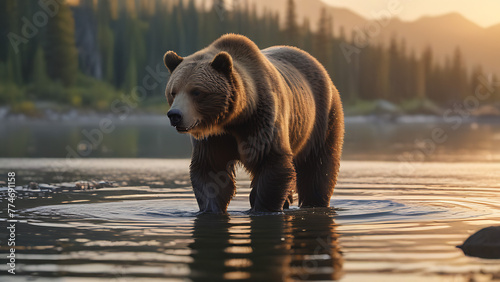 Grizzly Bear Wading in Mountain Lake at Sunset © CreativeCanvas