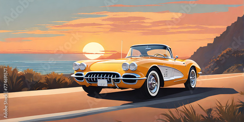 1960s California summer: retro car cruising coastal highway