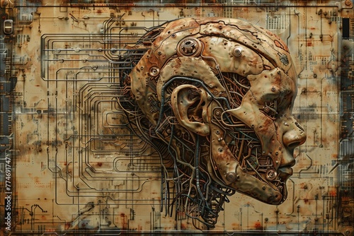 Braincomputer evolution, depicting human and AI integration over time, historical and futuristic, transformative and visionary , sci-fi tone, technology