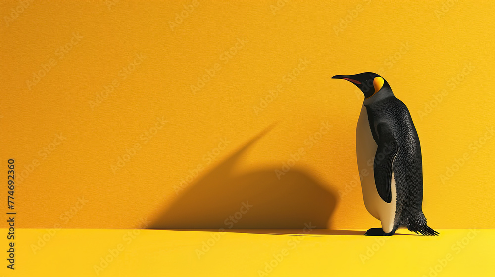 3d penguin on yellow background World penguin day April 25, Penguin Awareness Day Good for banner, poster, greeting card, party card, invitation, template, advertising, campaign, and social media. - obrazy, fototapety, plakaty 
