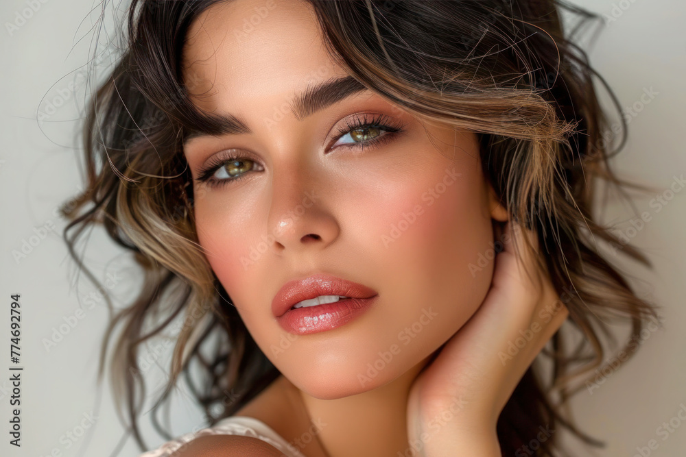 Beautiful woman model with healthy skin and natural makeup against a studio background